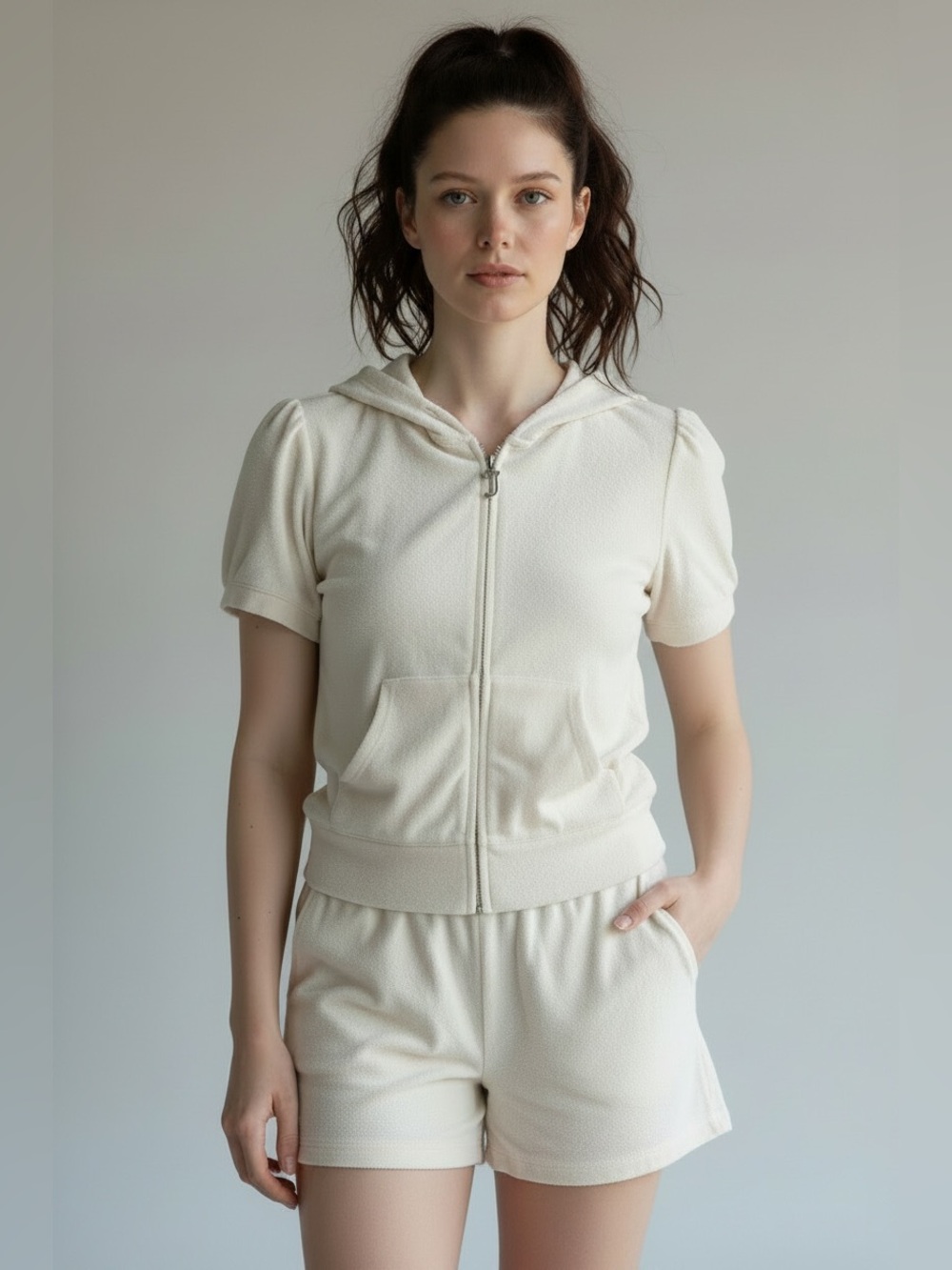 JUICY COUTURE Cream Terry Tracksuit Hoodie Jacket Shorts Set Large NWT $179